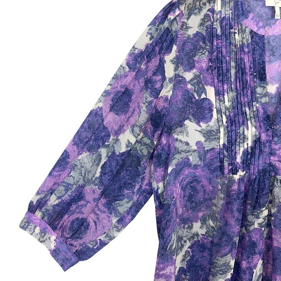 Joie Datev Purple Floral Pintuck Button Down Silk Blouse Size Large - Picture 7 of 14